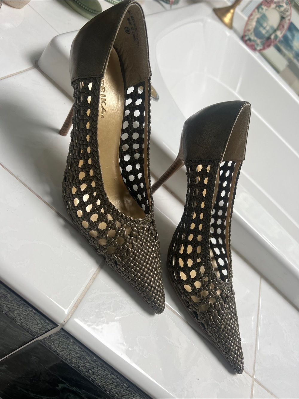 Paprika Woven Pointed-Toe High Heels in Olive Bronze Color Size 7M